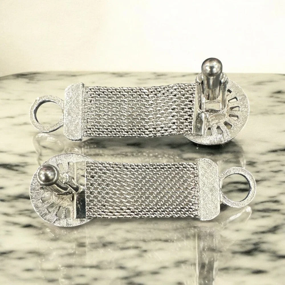 Vintage Executive Cufflinks Crystal Wrap Silver Tone Mesh‎